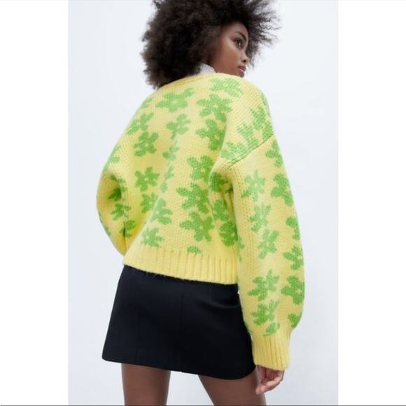 New Zara Knit Yellow Green Floral Jacquard Print Button Up Chunky Cardigan S - Picture 6 of 8